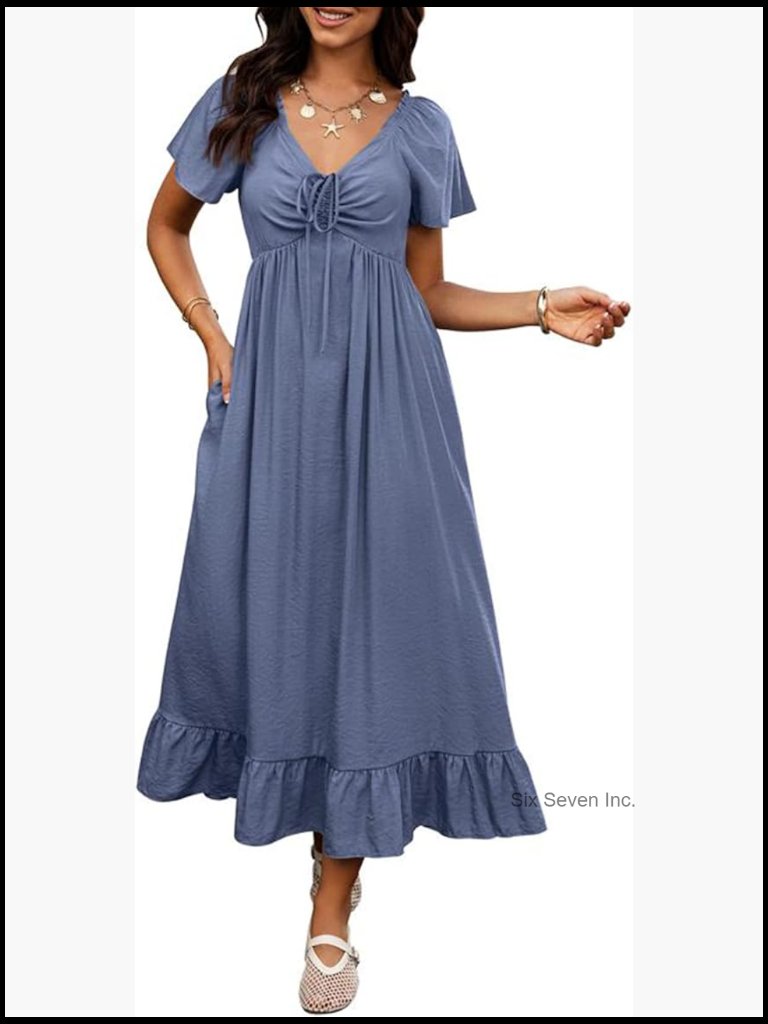 Short Sleeve V Neck Drawstring Ruched Maxi Dress With Pockets
